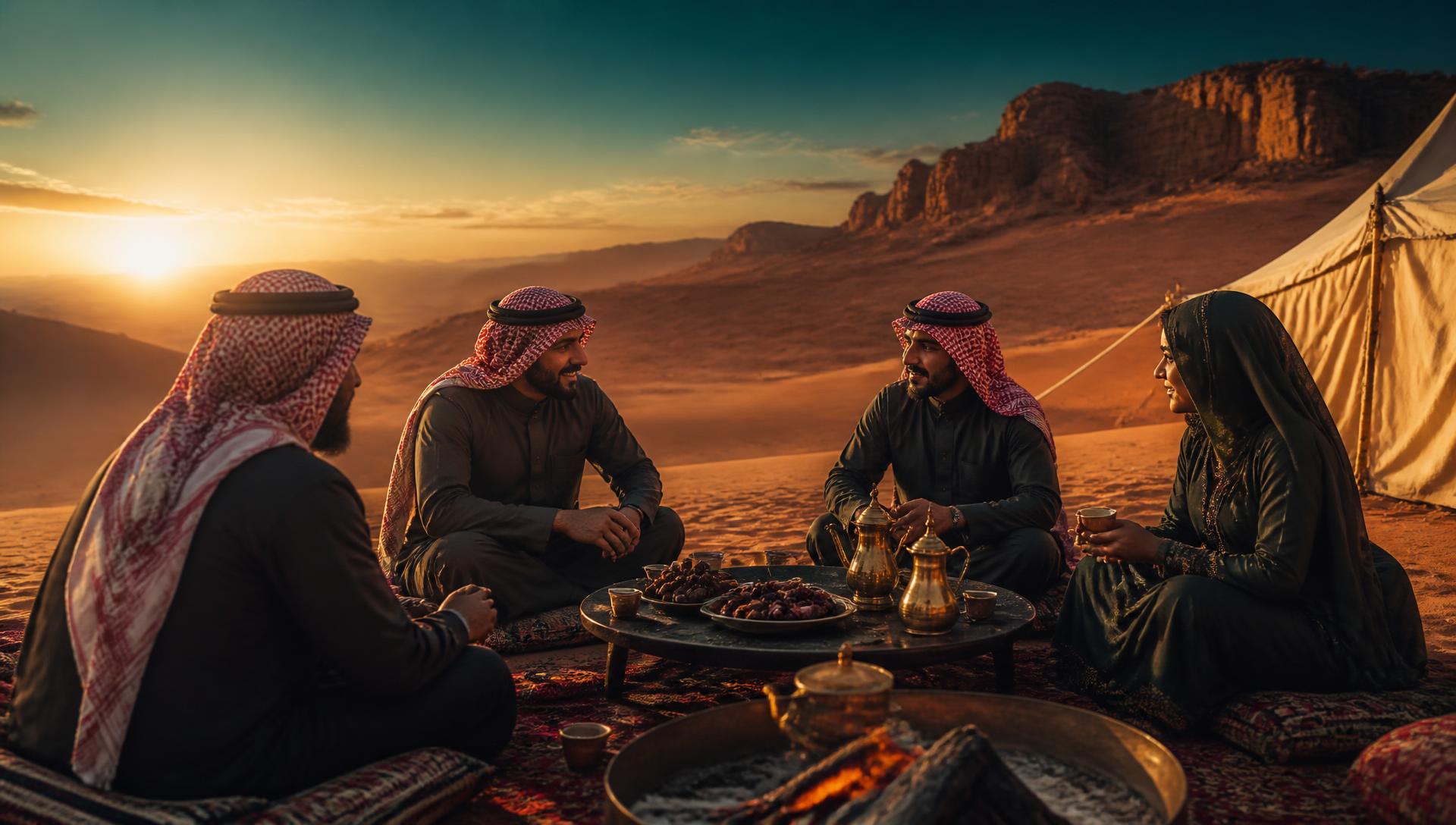 جلسة قهوة عربية على كثبان رملية عند الغروب